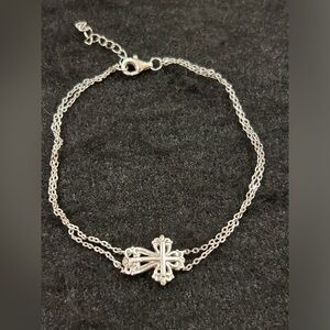 Sterling Silver Filagree Cross w/ Double Chain Bracelet - VINTAGE